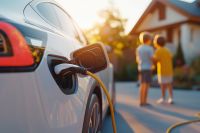 © Wild Dream - stock.adobe.com Foto: E-Auto wird aufgeladen im Hintergrund zwei Kinder
